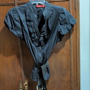 Elle Navy Ruffle Front Short Sleeve Blouse